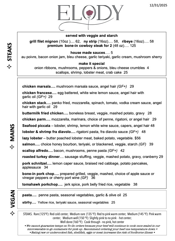 Elody Dinner Menu, Restaruant Saratoga Sprins