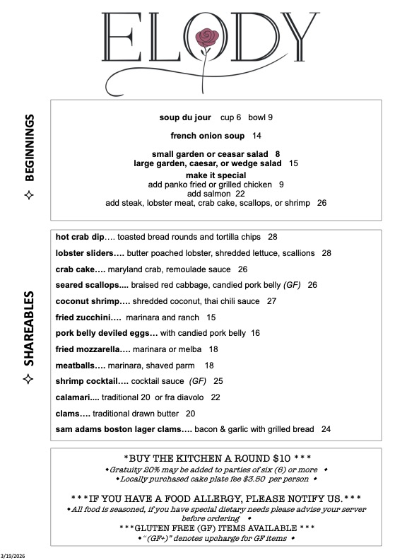 elody dinner menu saratoga ny