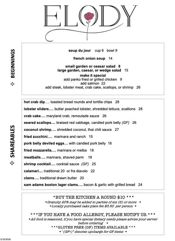 elody dinner menu saratoga ny