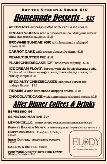 Elody Dessert Menu - Saratoga Springs Restauran