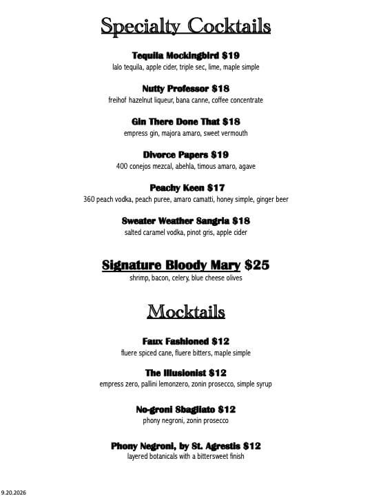 Cocktail menu Elody Restaurant saratoga springs