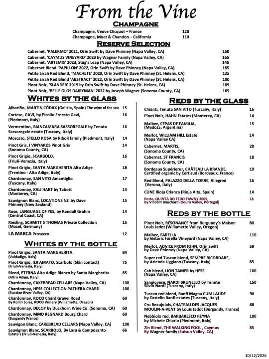 elody on phila, wine-list, Saratoga springs